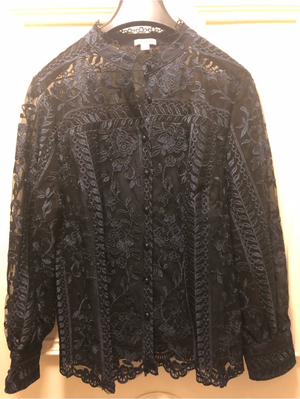 Navy Floral Lace Button-Up Blouse